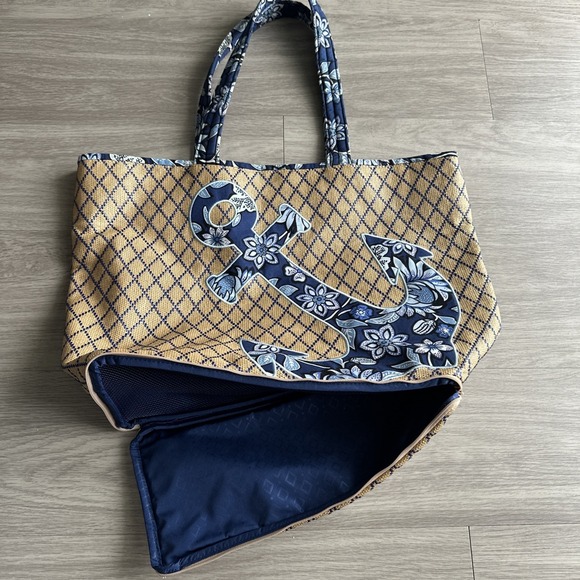 Vera Bradley Beach Straw Tote Nautical Anchor Blue & White Straw Bag Lined Large - Picture 8 of 9